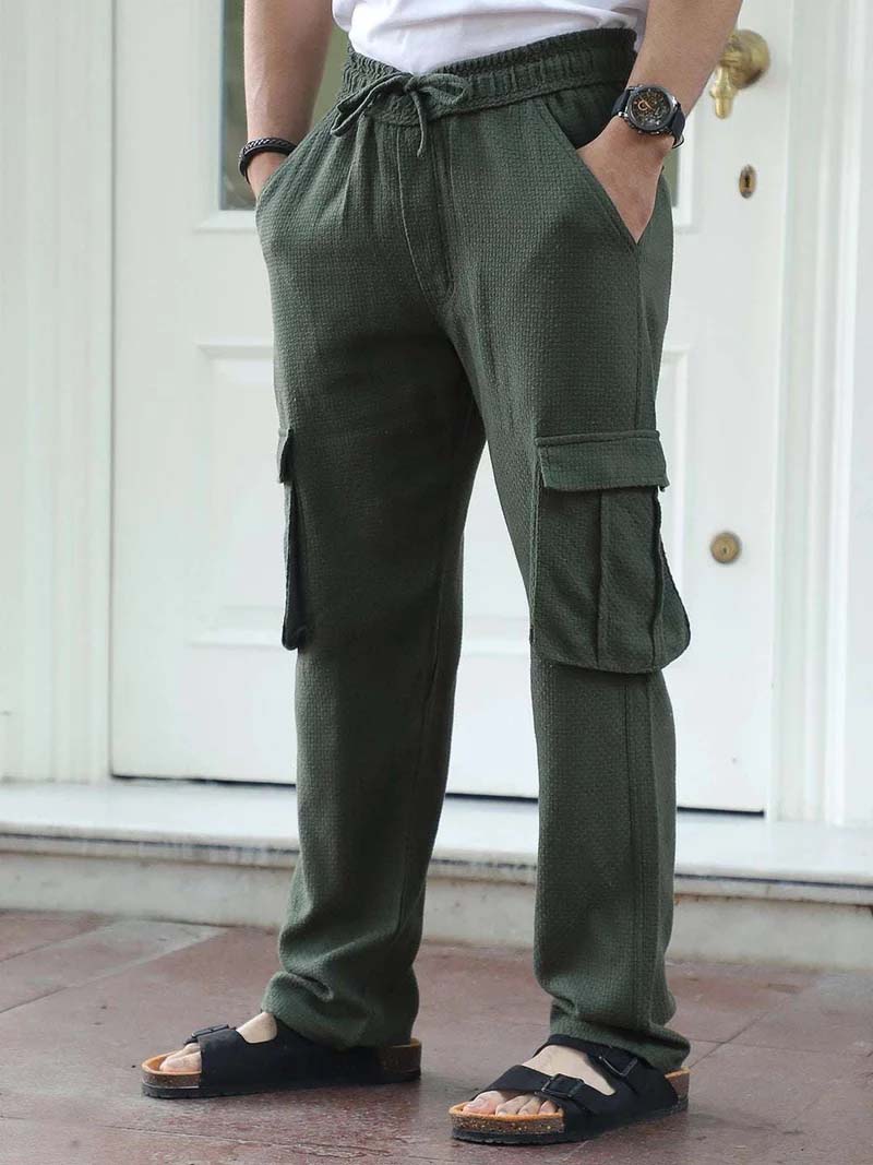 Mossveil Olive Green Baggy Fit Textured Trouser