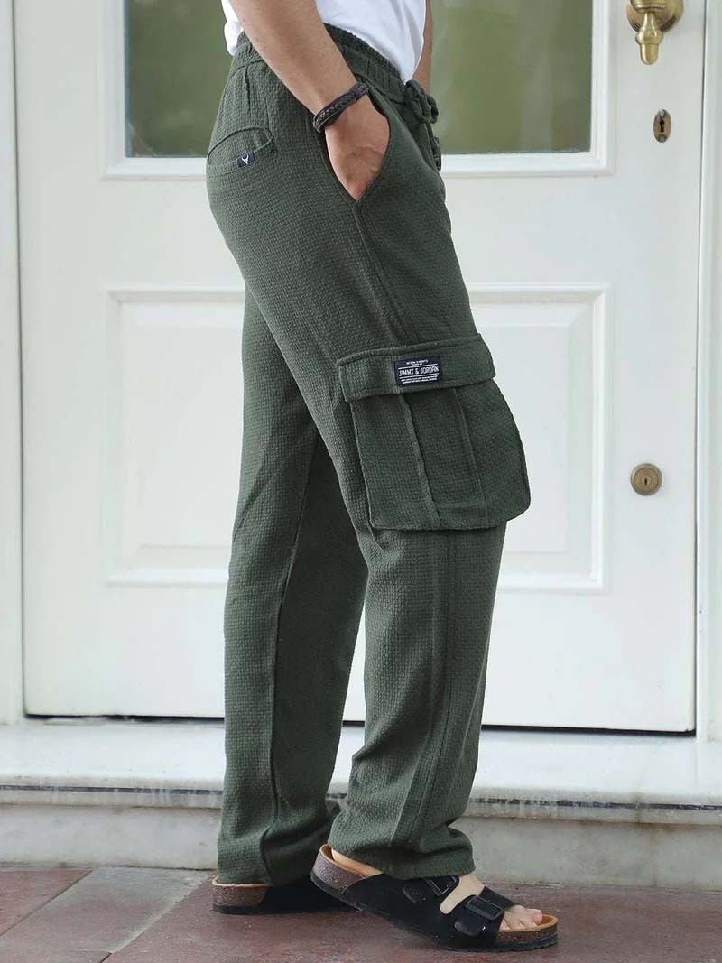 Mossveil Olive Green Baggy Fit Textured Trouser