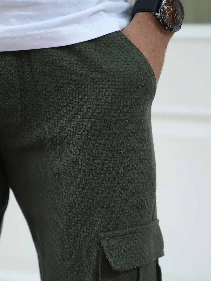 Mossveil Olive Green Baggy Fit Textured Trouser
