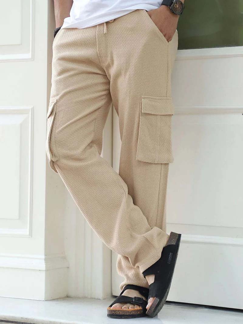Mossveil Beige Baggy Fit Textured Trouser