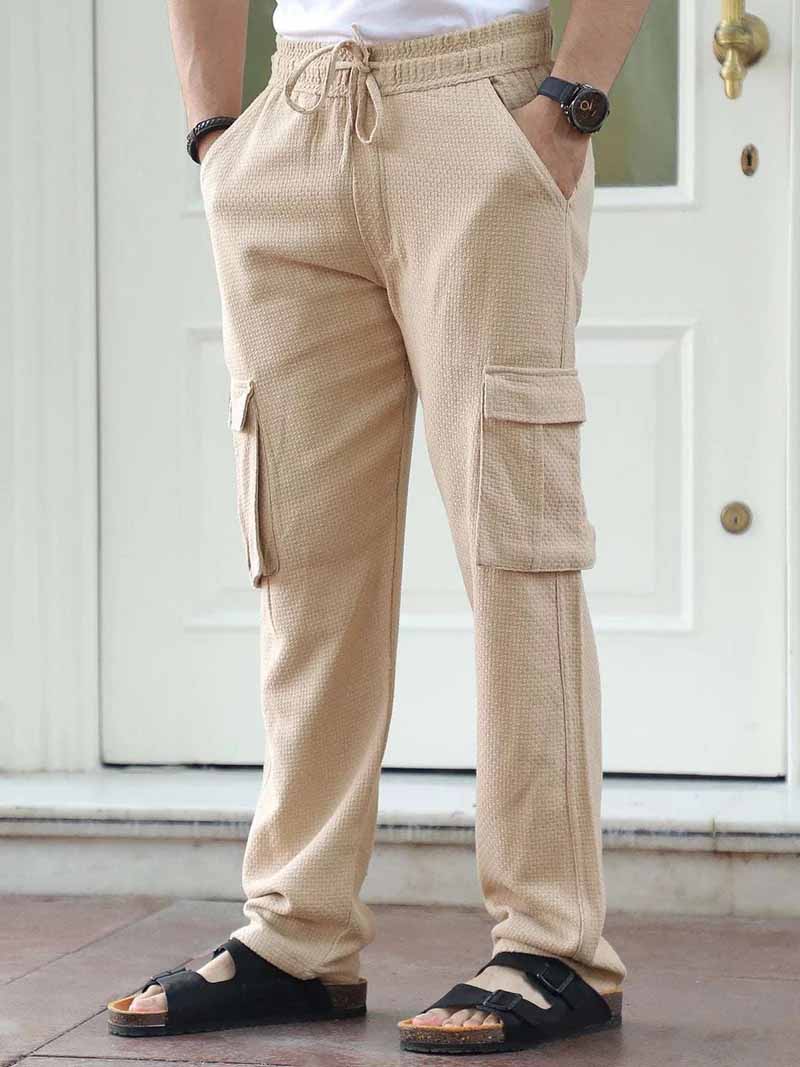 Mossveil Beige Baggy Fit Textured Trouser