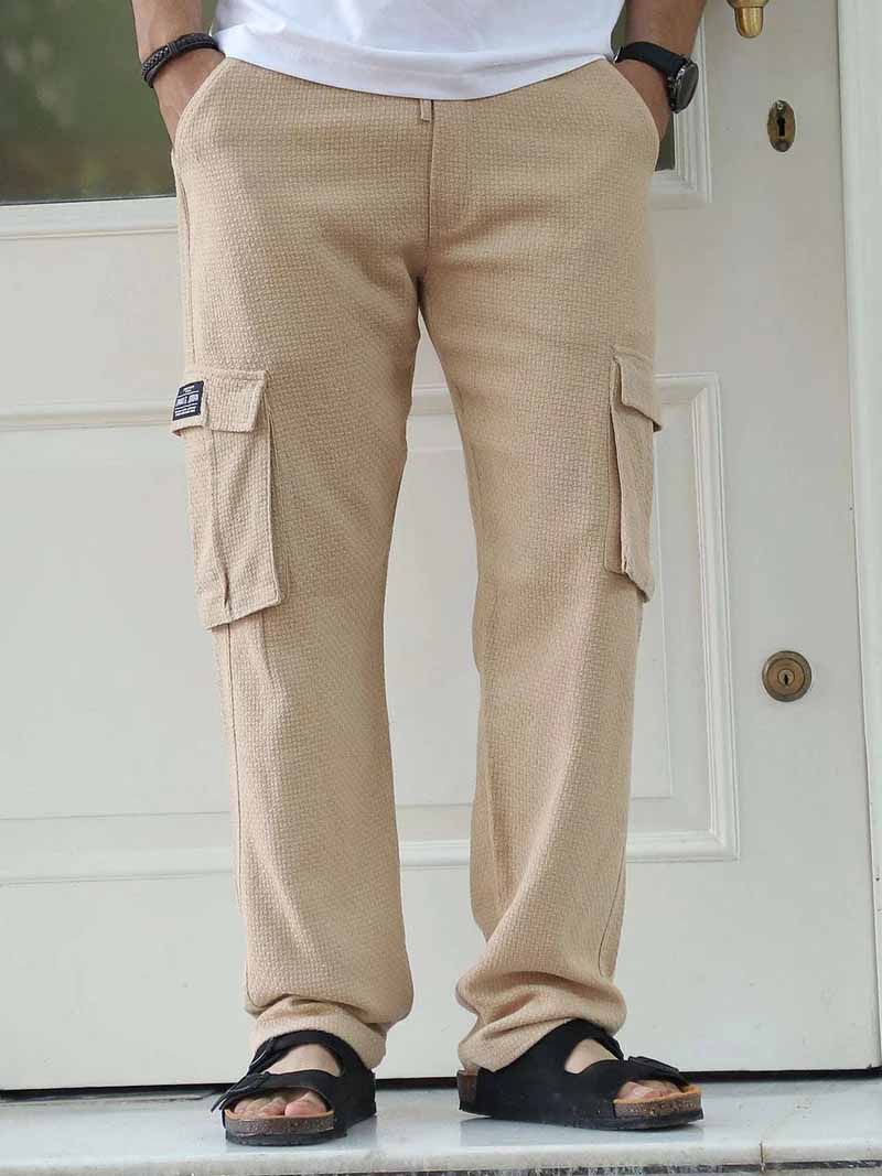 Mossveil Beige Baggy Fit Textured Trouser