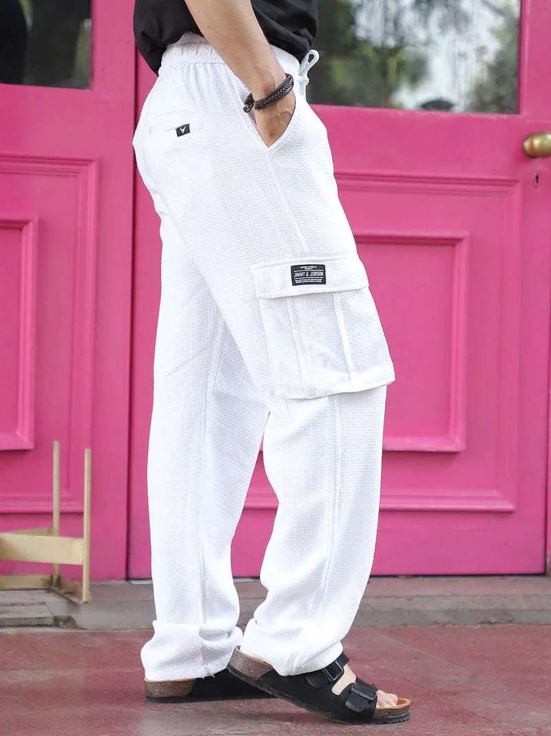 Mossveil White Baggy Fit Textured Trouser