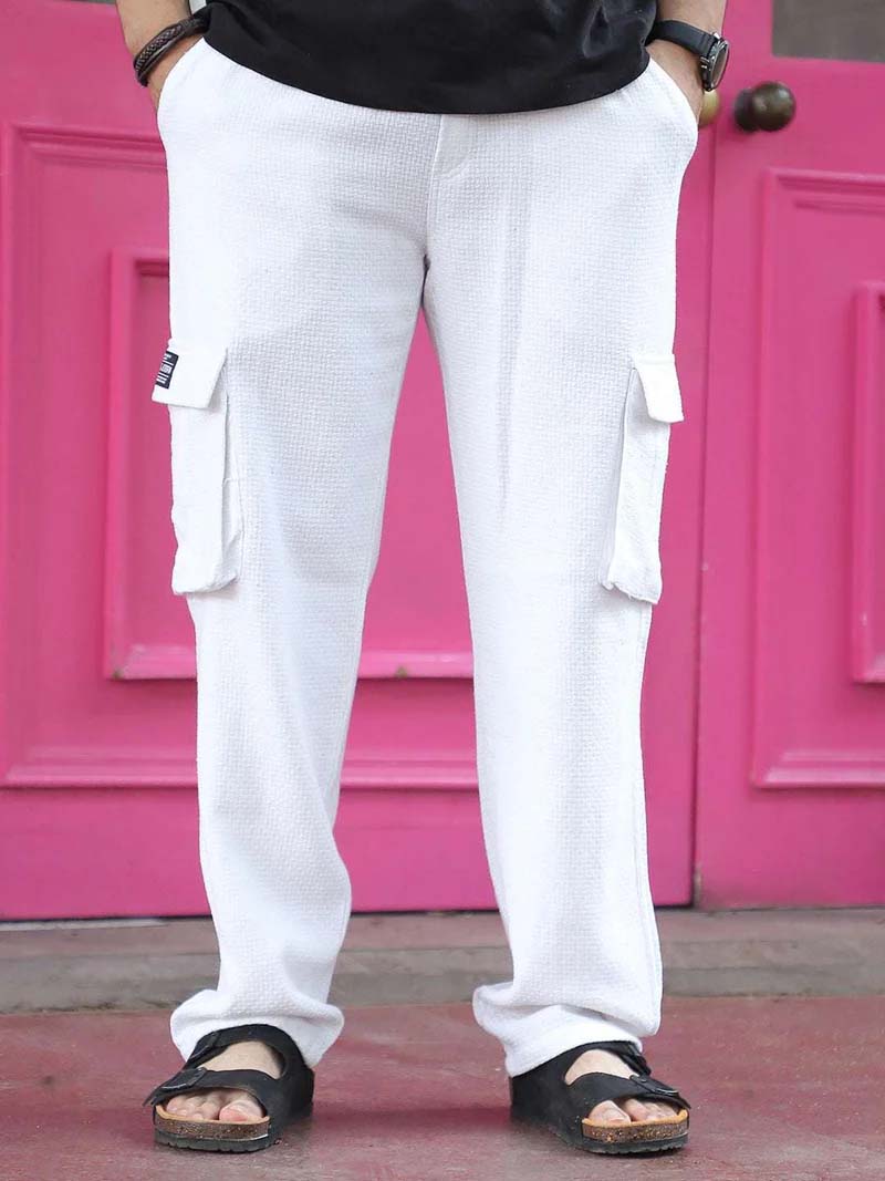 Mossveil White Baggy Fit Textured Trouser