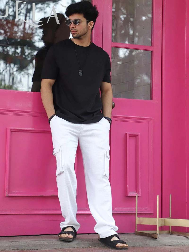 Mossveil White Baggy Fit Textured Trouser