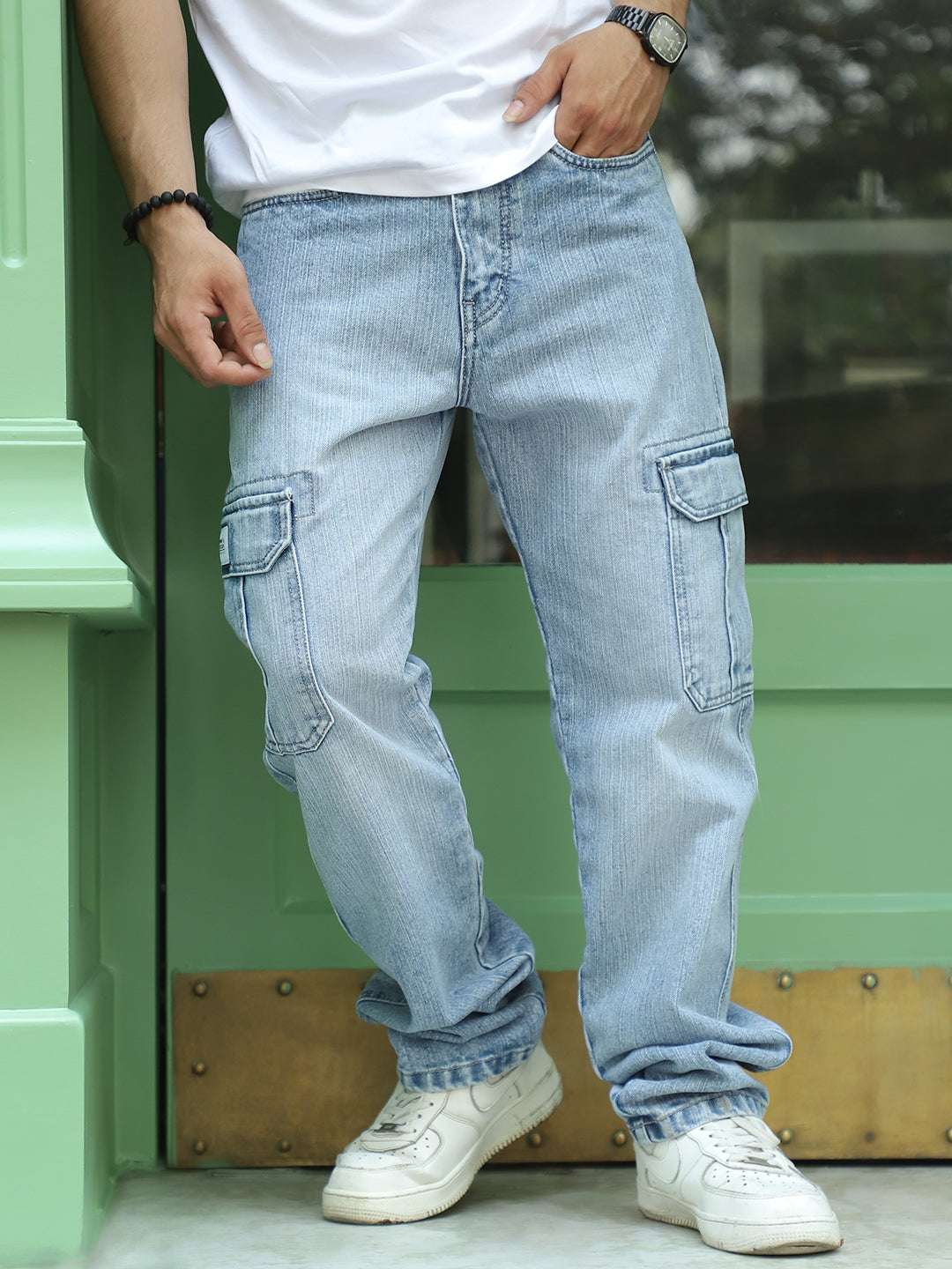 Caventor Ice Blue Baggy Fit Denim Cargo