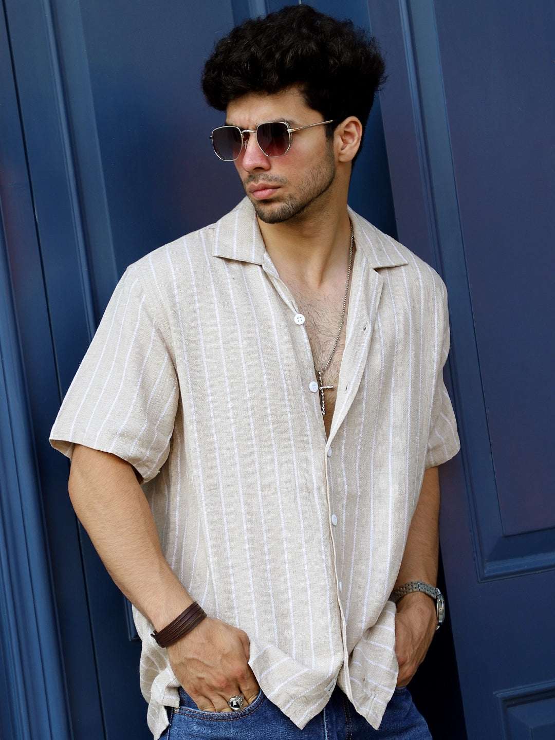 Linen Beige Half Sleeve Stripe Shirt