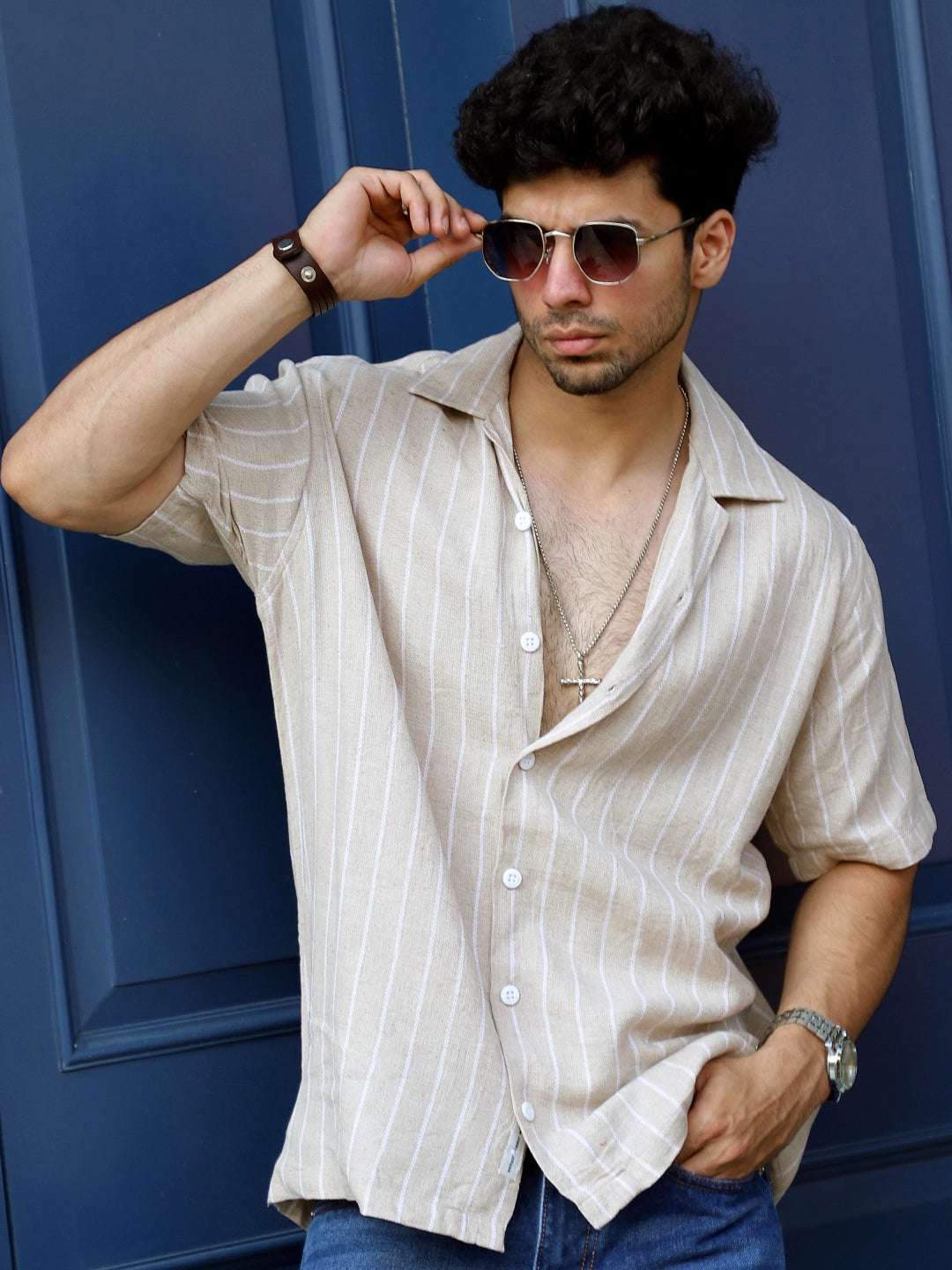 Linen Beige Half Sleeve Stripe Shirt
