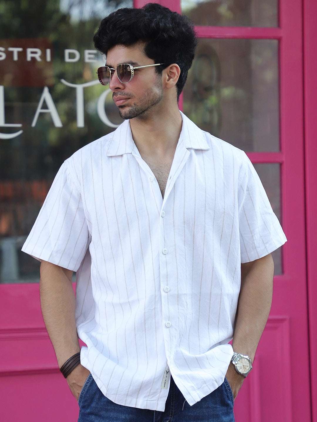 Linen White Half Sleeve Stripe Shirt