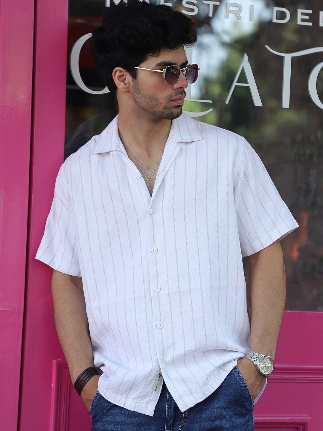 Linen White Half Sleeve Stripe Shirt