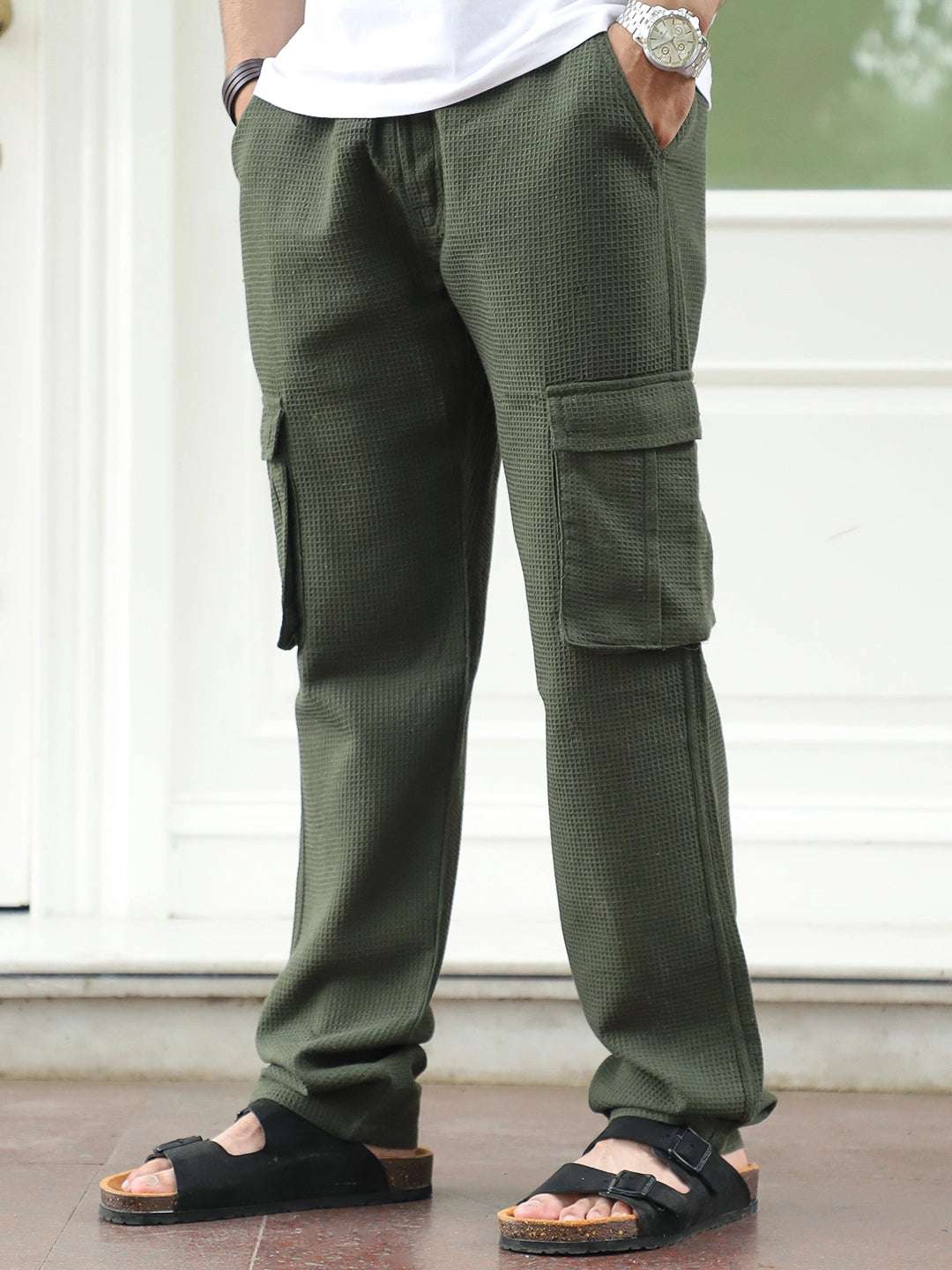 Tavrix Olive Green Baggy Fit Textured Trousers 30