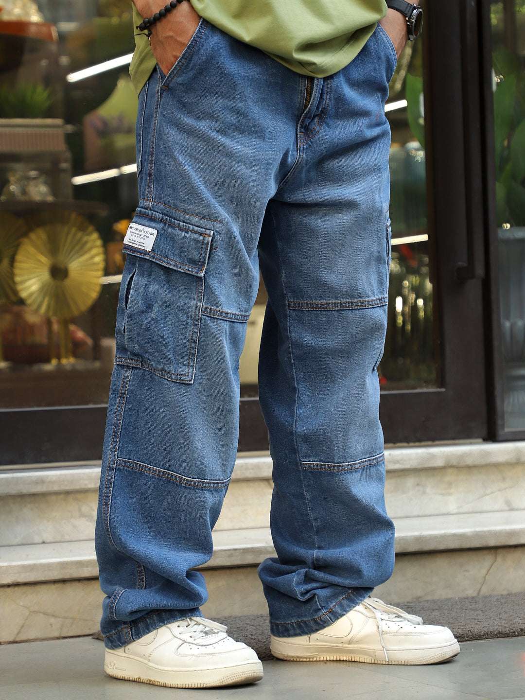 Noir Azure Blue Baggy Fit Denim Cargo