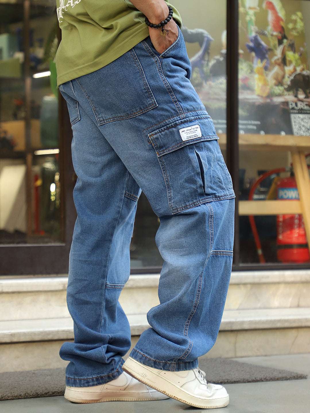 Noir Azure Blue Baggy Fit Denim Cargo