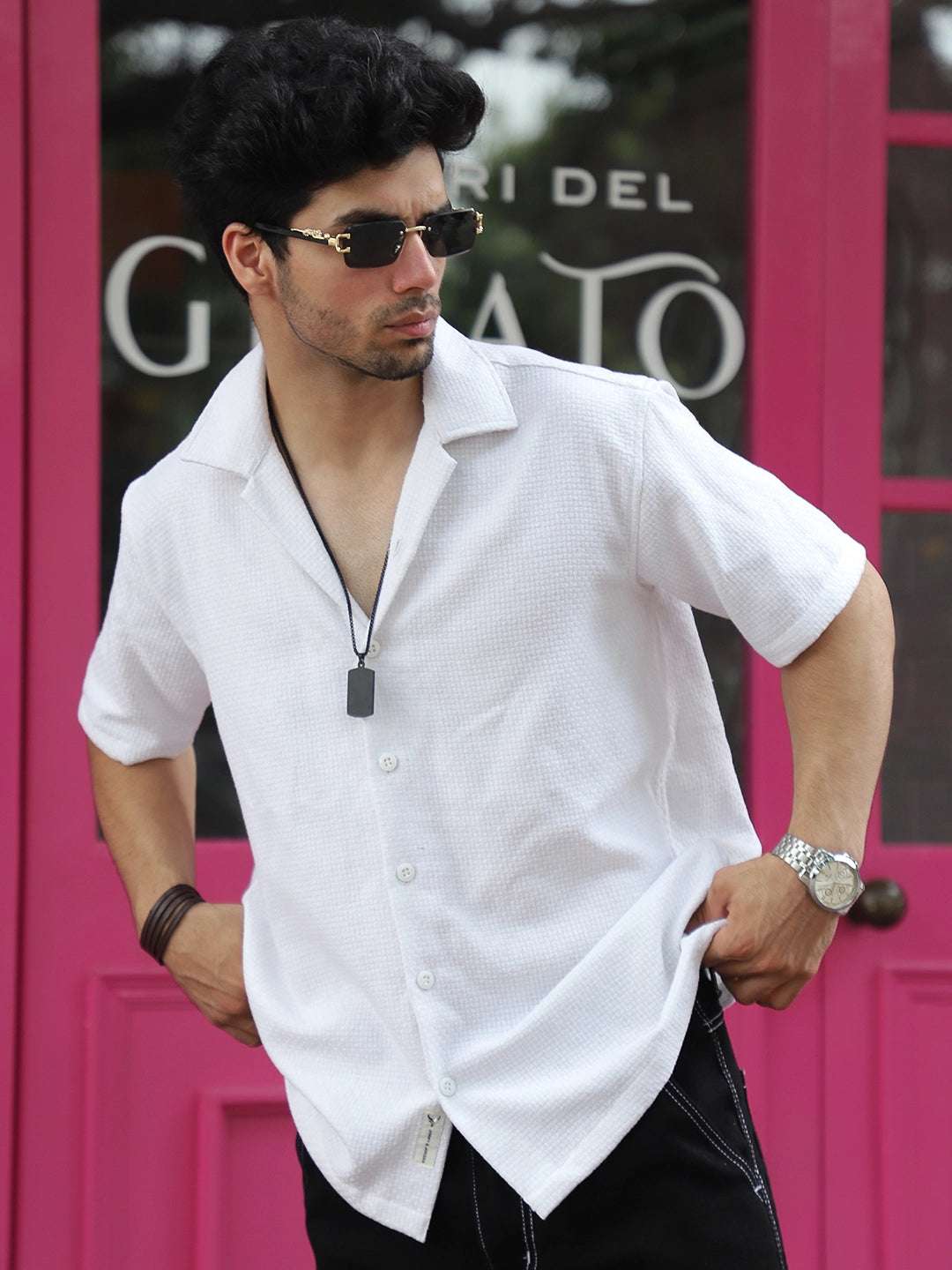 Tactile Textured White Half Sleeve Shirt