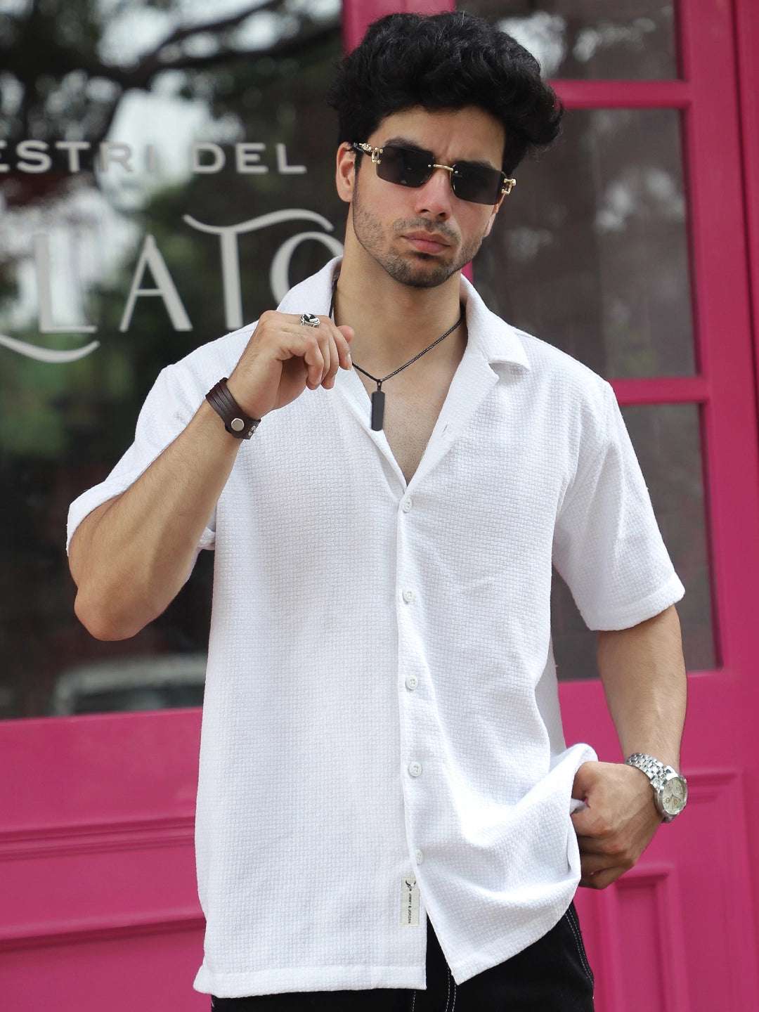 Tactile Textured White Half Sleeve Shirt