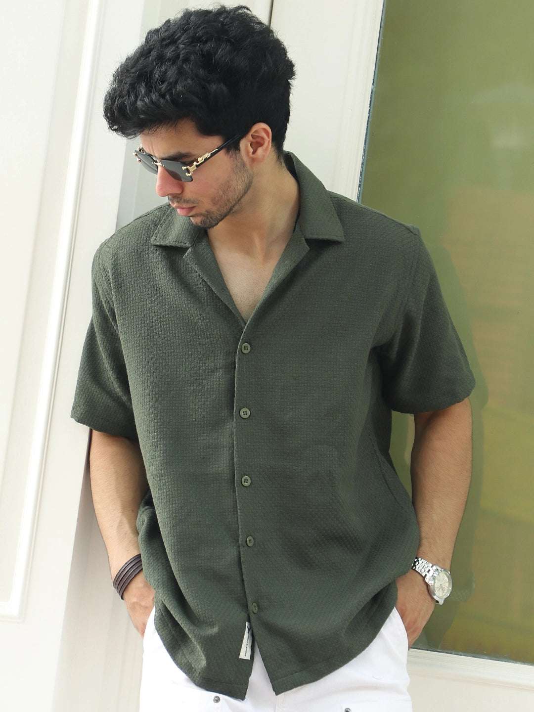 Tactile Textured Olive Green Half Sleeve Shirt