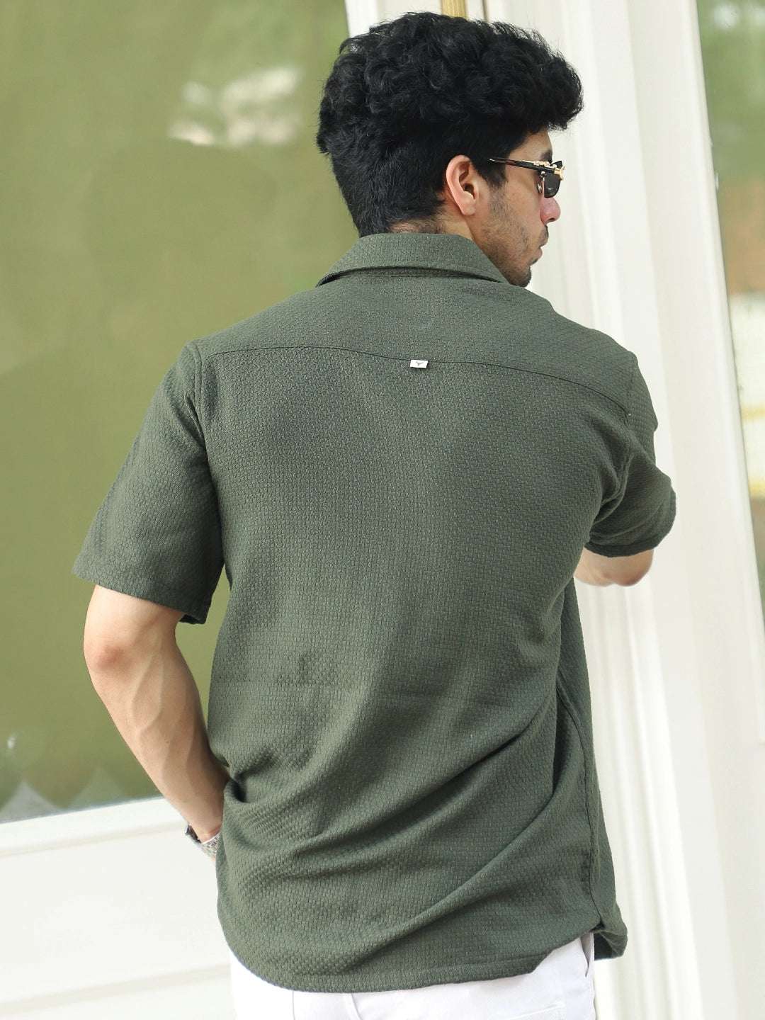 Tactile Textured Olive Green Half Sleeve Shirt