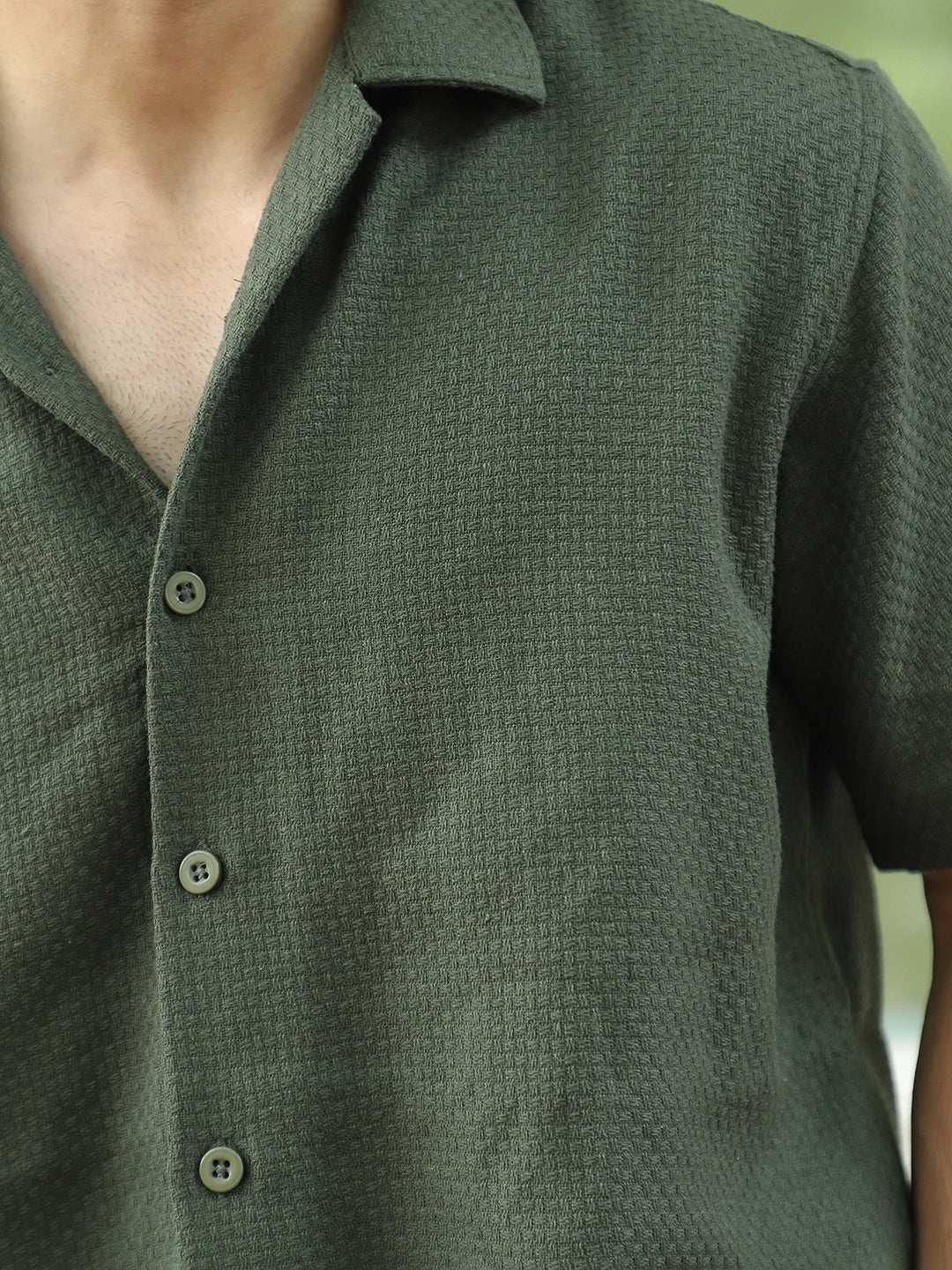 Tactile Textured Olive Green Half Sleeve Shirt