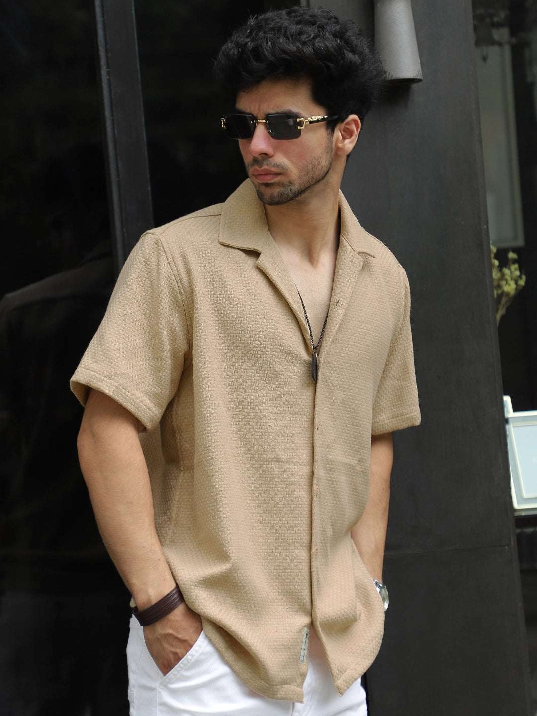 Tactile Textured Beige Half Sleeve Shirt