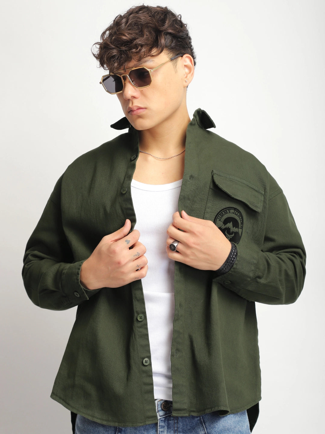 Crown Street Olive Green Oversized Denim Shirt