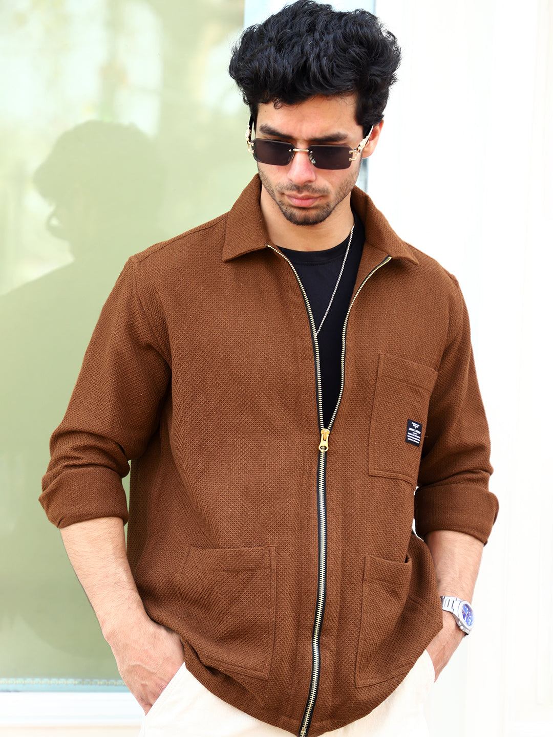 Honey Drift Brown Ribbed Shacket