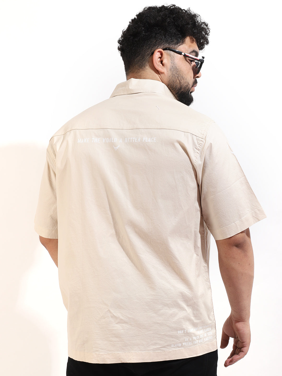 Beige Texture Solid Plain Half Sleeve Shirt