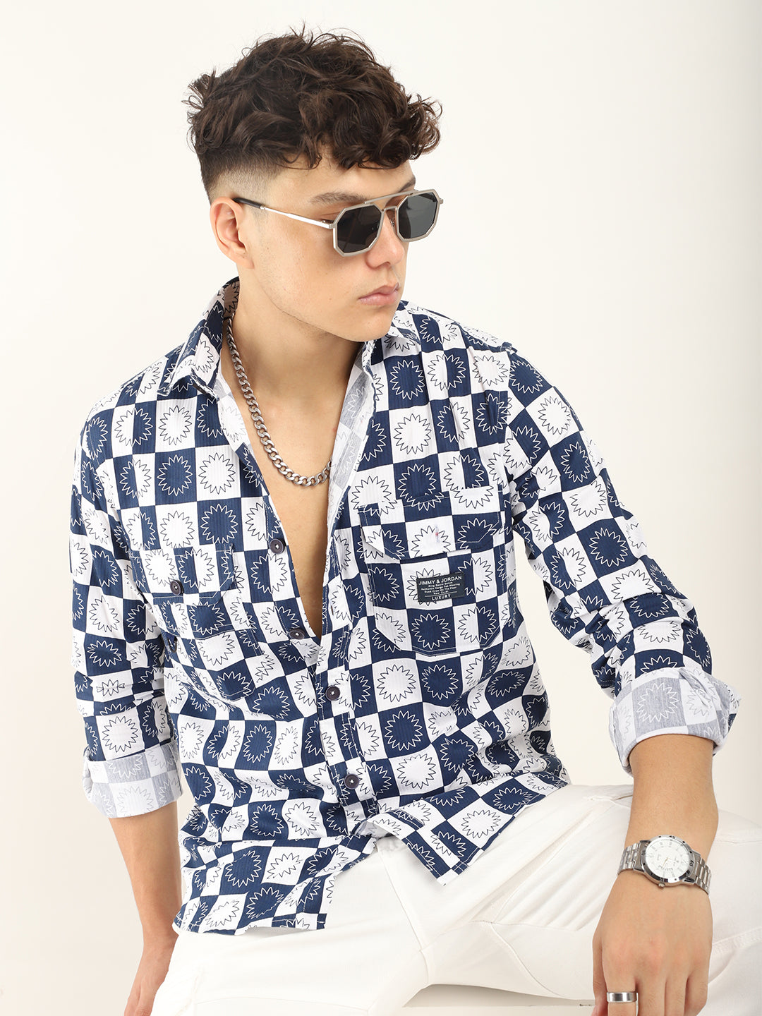 Chess Codd Navy Flower Print Full Sleeve Shirt