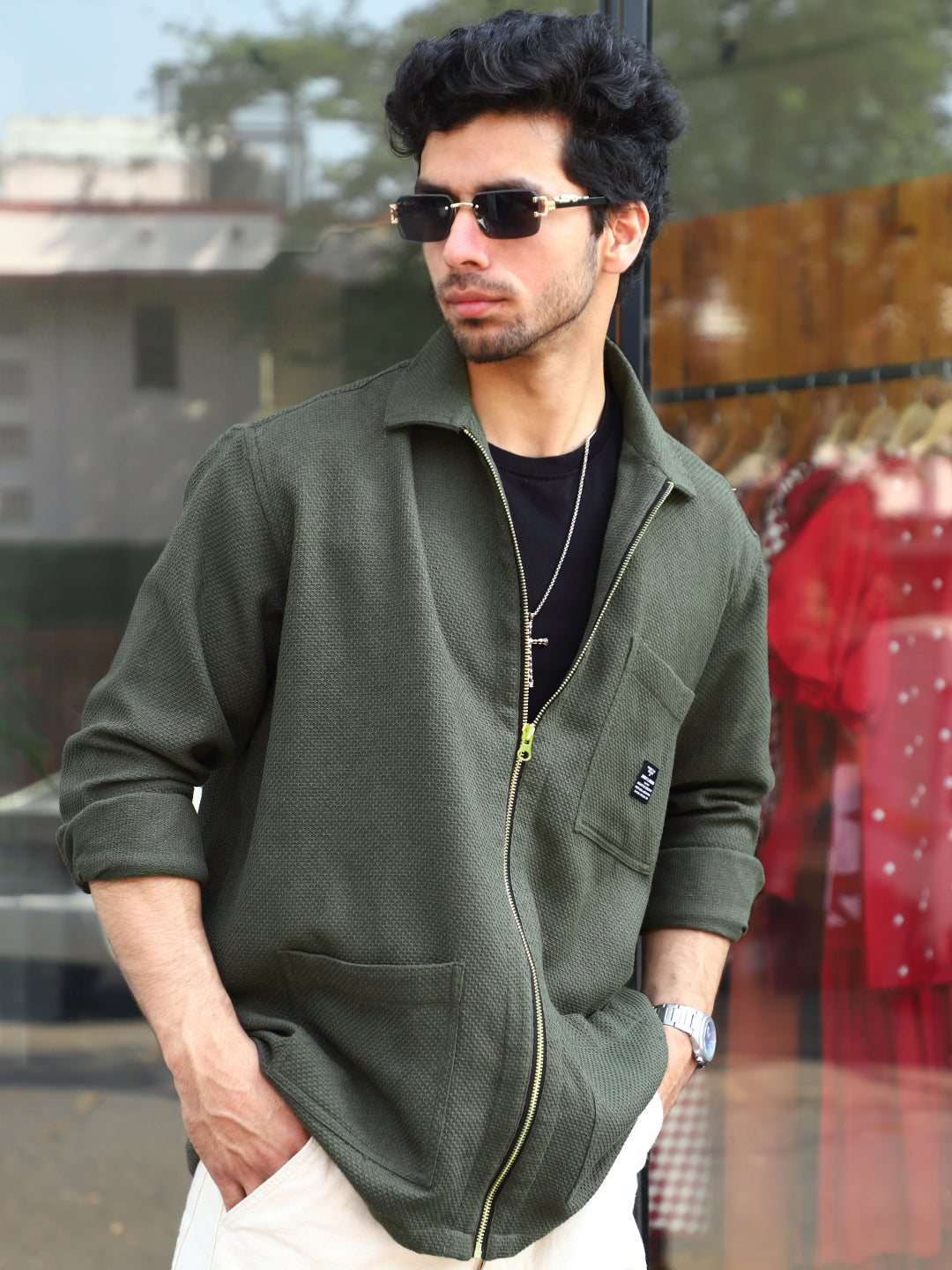 Honey Drift Olive Ribbed Shacket