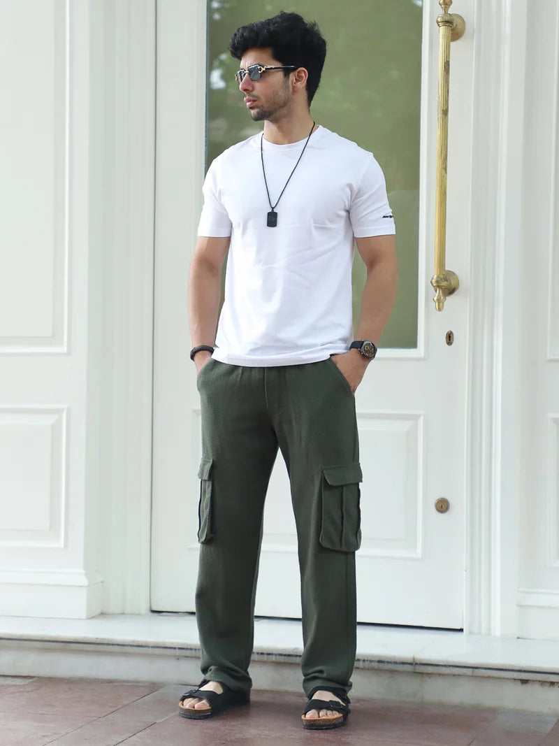 Mossveil Olive Green Baggy Fit Textured Trouser