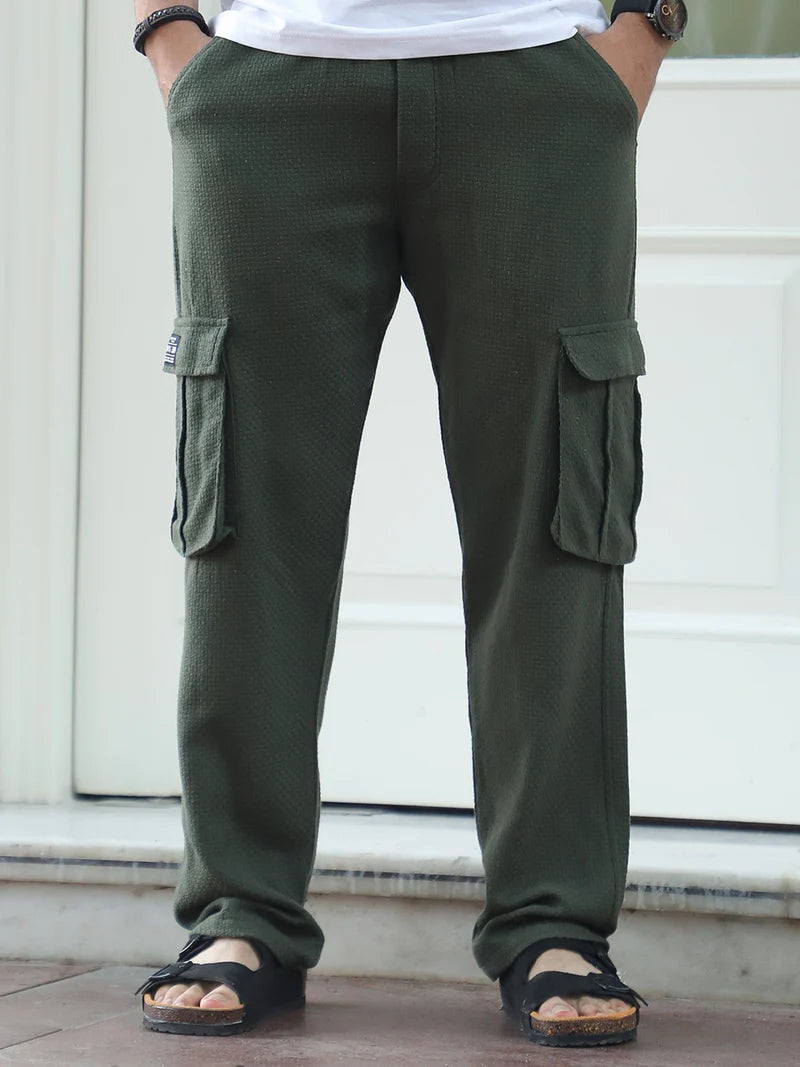 Mossveil Olive Green Baggy Fit Textured Trouser