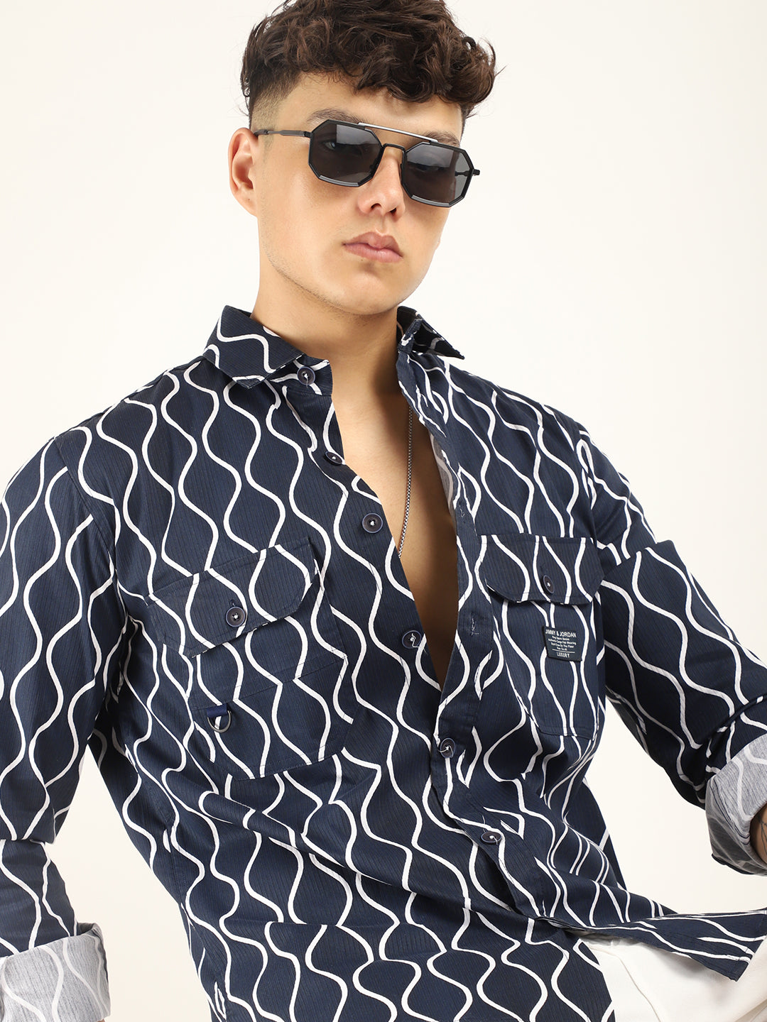 Chess Codd Navy Lining Print Full Sleeve Shirt