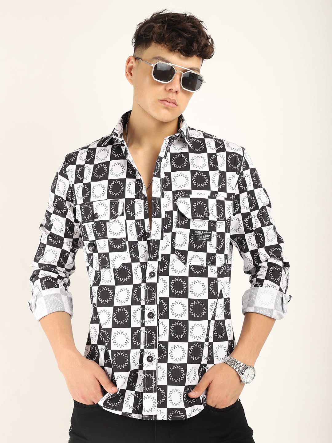 Chess Codd Black Flower Print Full Sleeve Shirt