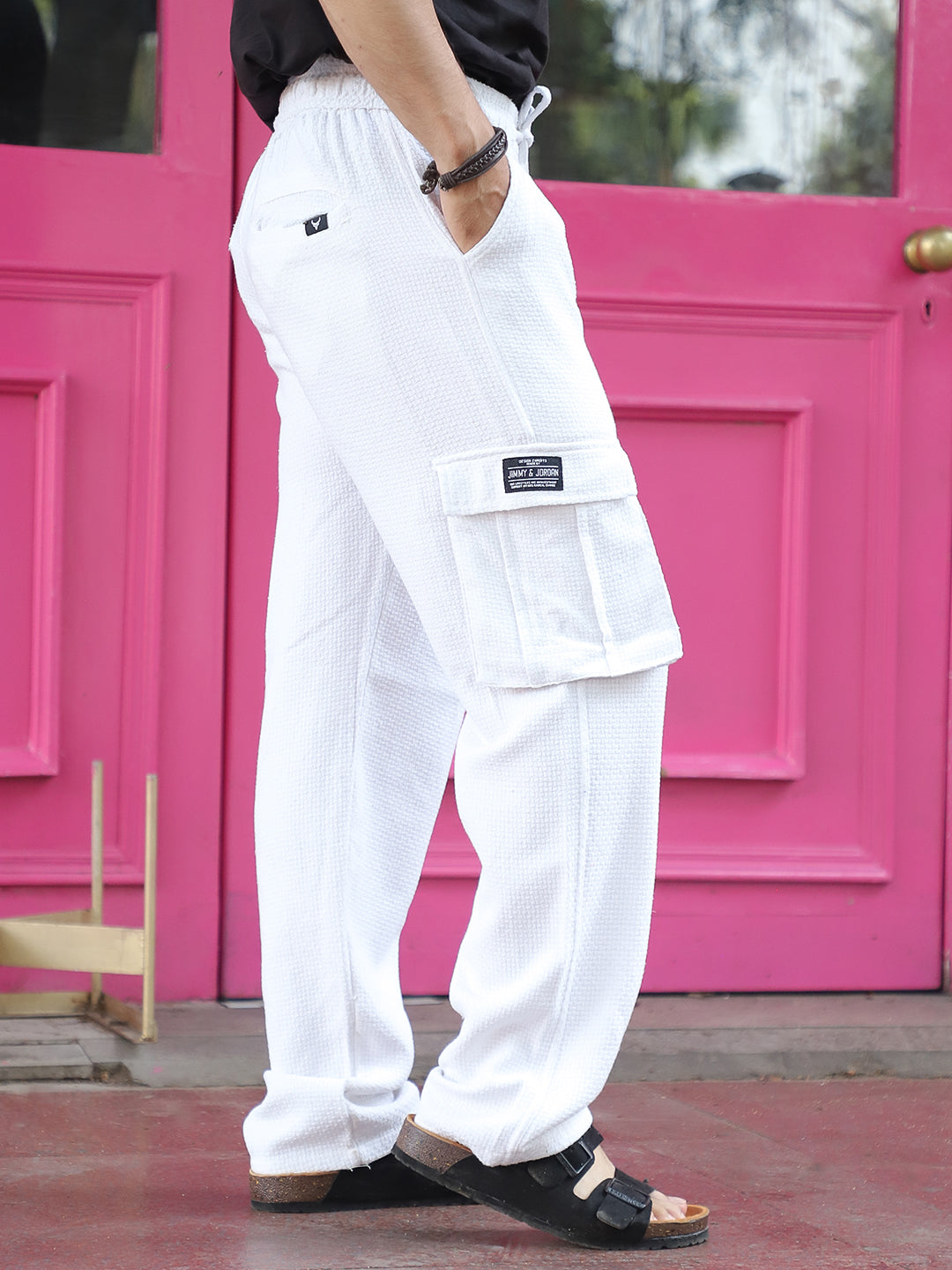 Mossveil White Baggy Fit Textured Trouser