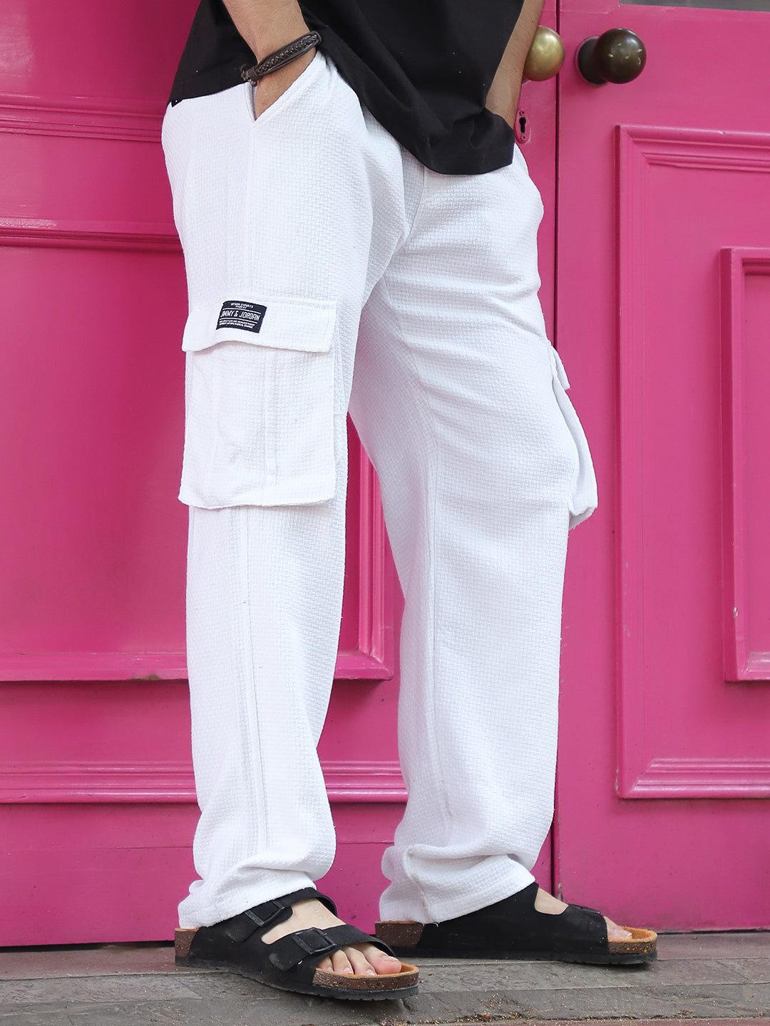 Mossveil White Baggy Fit Textured Trouser