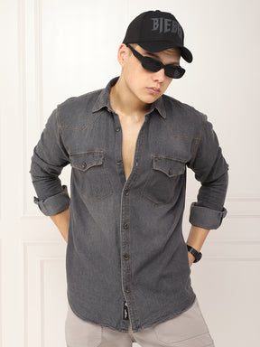 DenimDrift Washed Grey Shirt