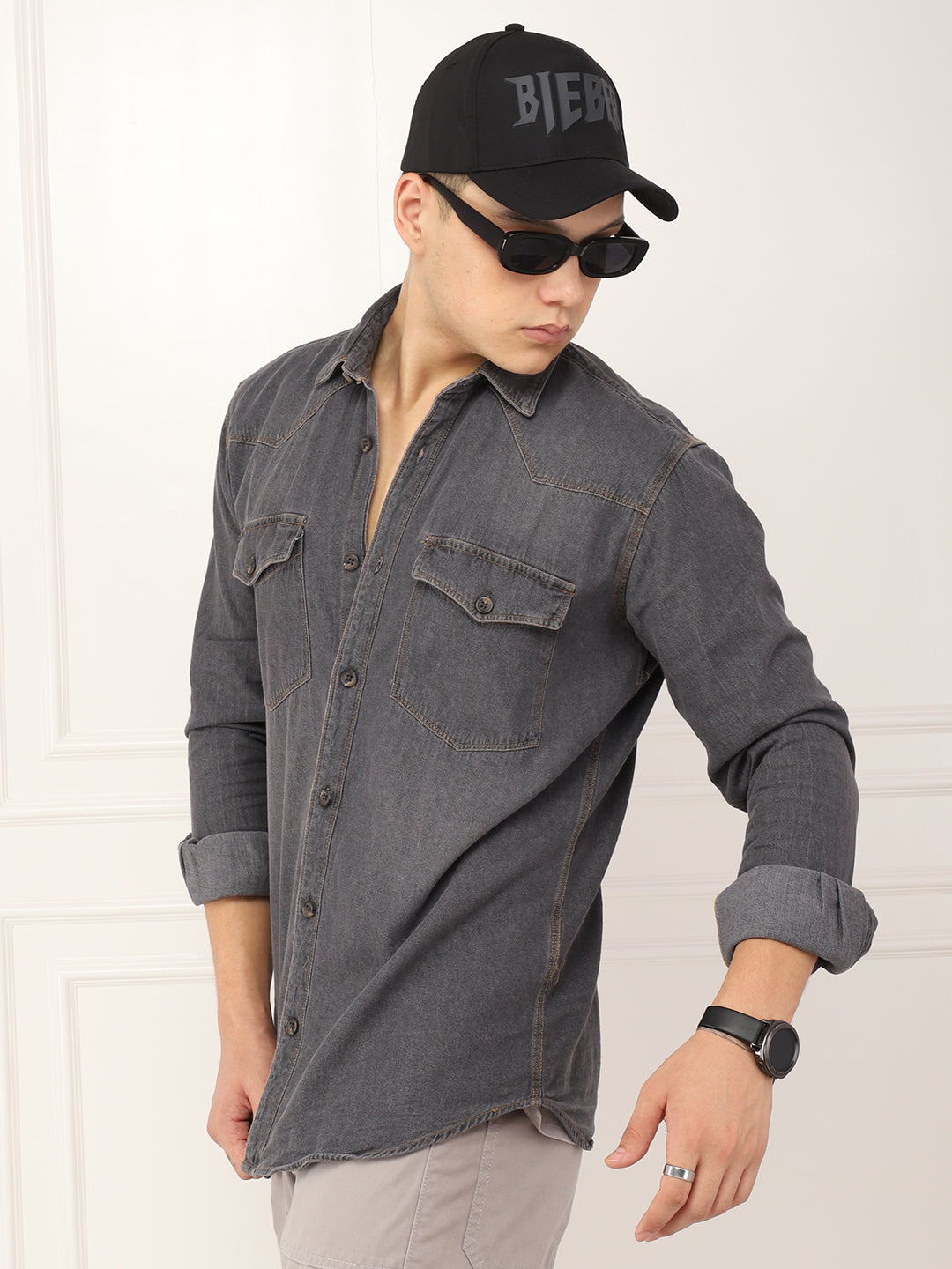 DenimDrift Washed Grey Shirt