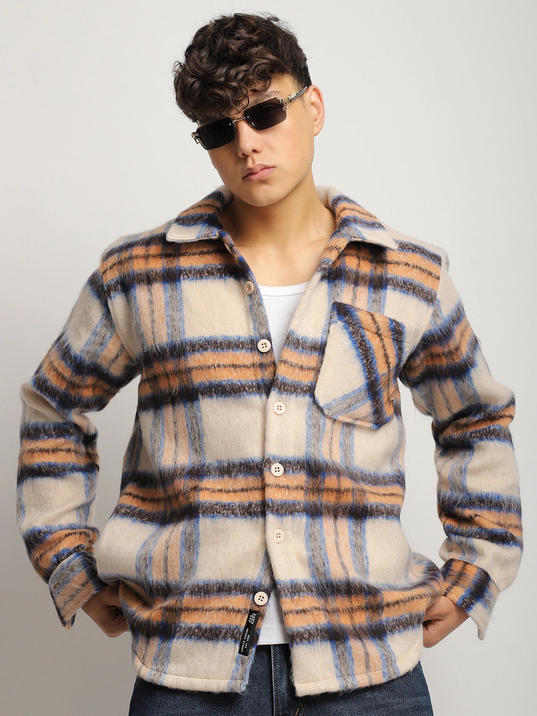 Marble Arch Pure Wool Off White & Ocean Blue Check Shirt