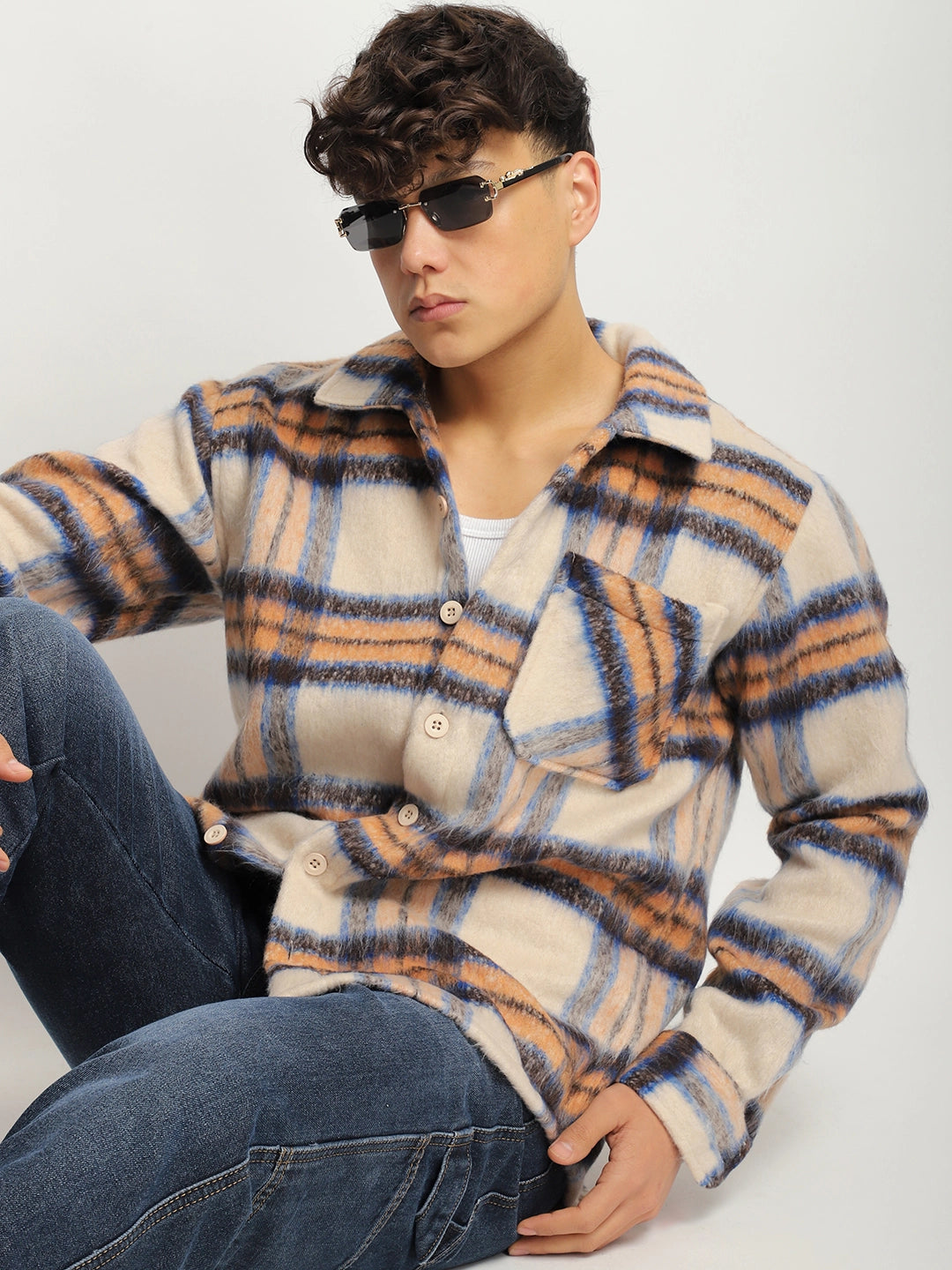 Marble Arch Pure Wool Off White & Ocean Blue Check Shirt