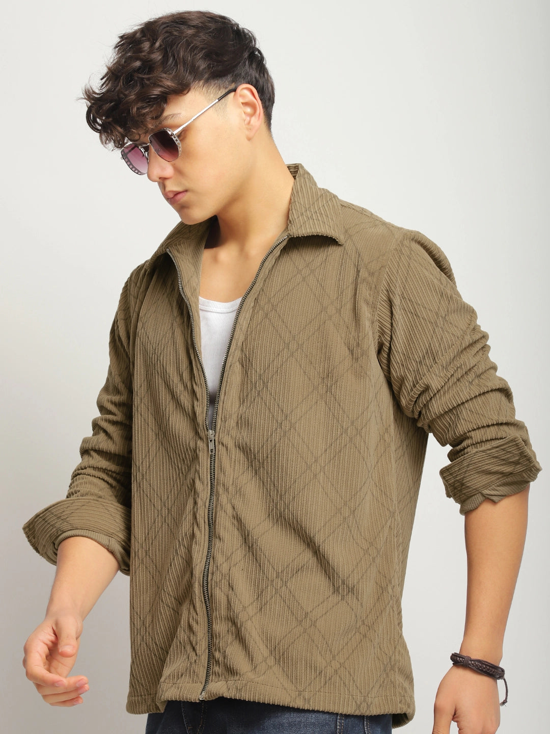 Kingston Classics Peanut Brown Corduroy Check Zipper Shirt