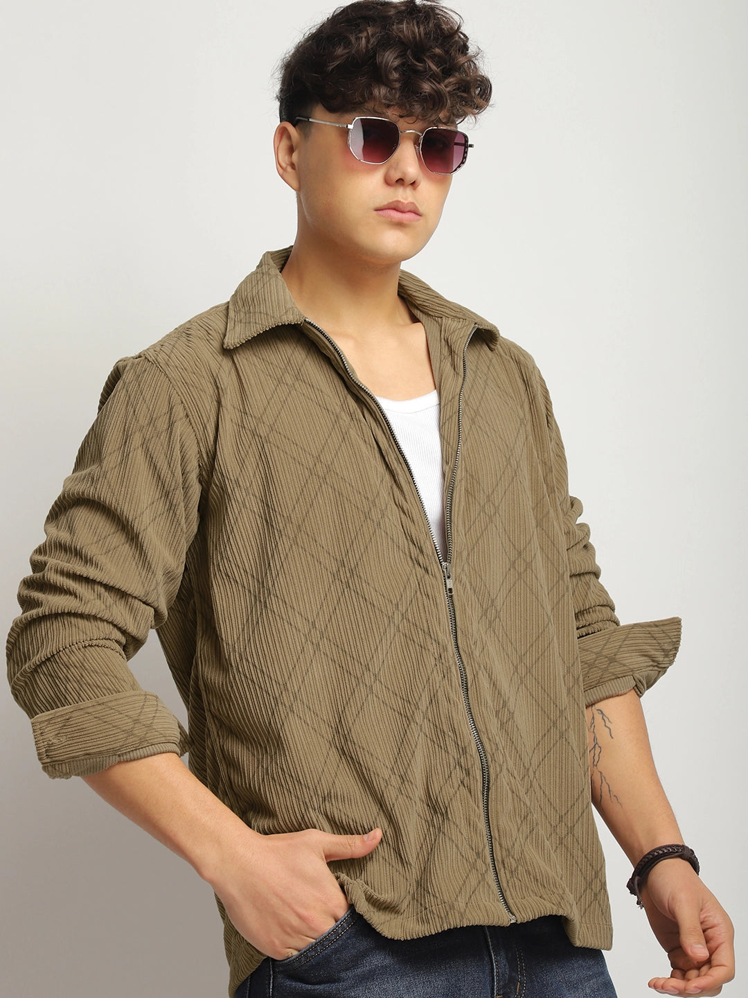 Kingston Classics Peanut Brown Corduroy Check Zipper Shirt