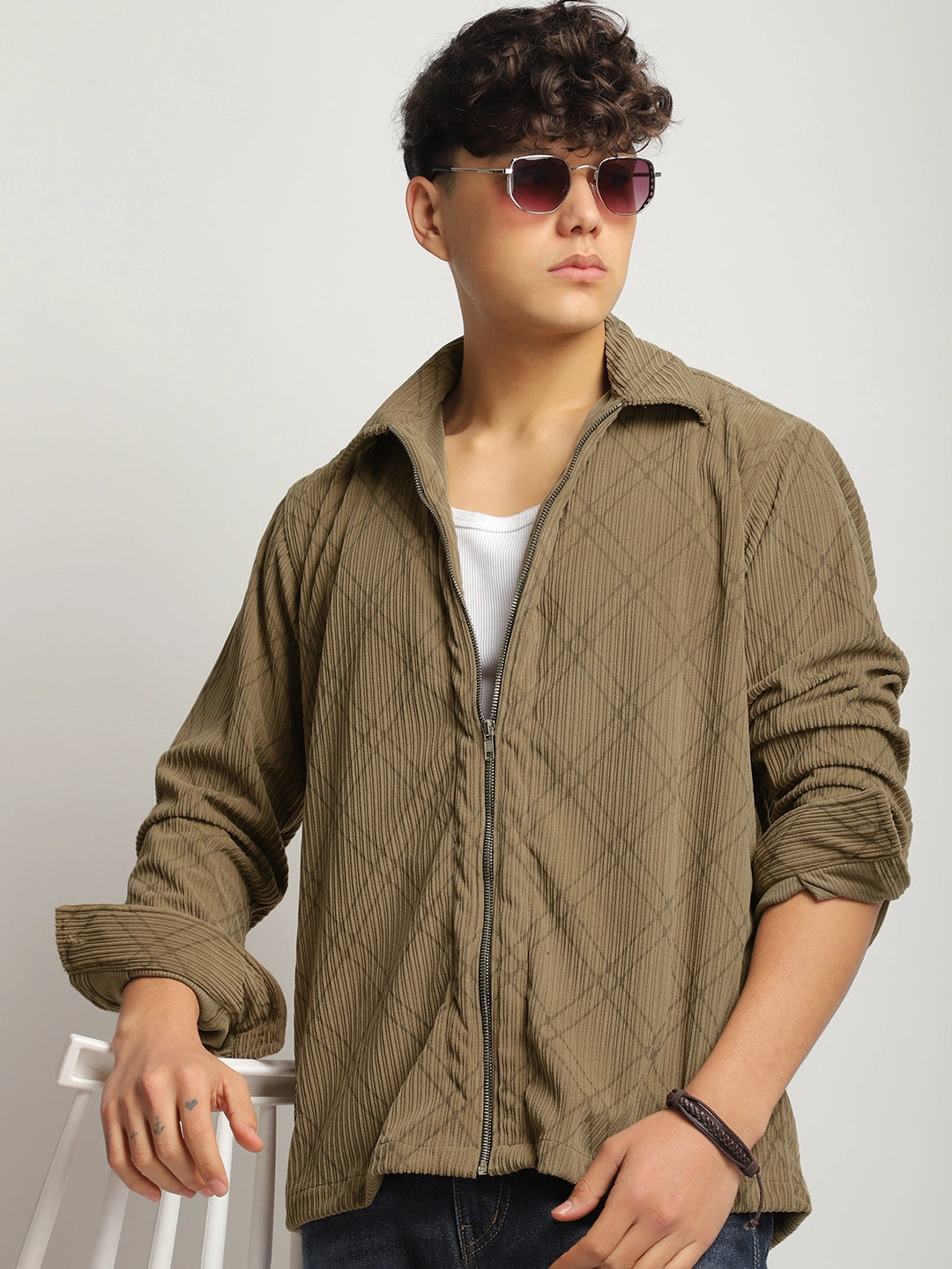 Kingston Classics Peanut Brown Corduroy Check Zipper Shirt