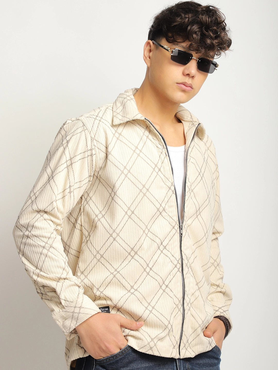 Kingston Classics Cream Corduroy Check Zipper Shirt