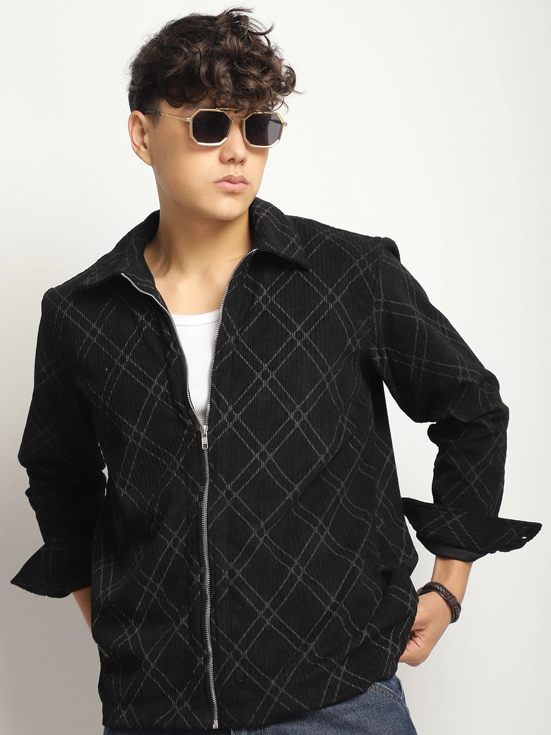 Kingston Classics Black Corduroy Check Zipper Shirt