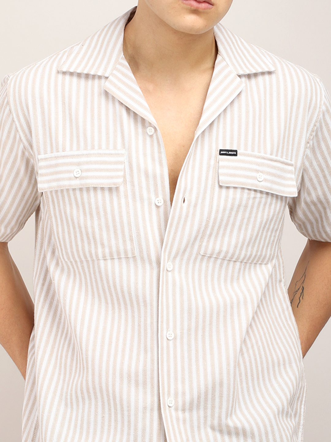 Mod Stripe Beige Half Sleeve Shirt