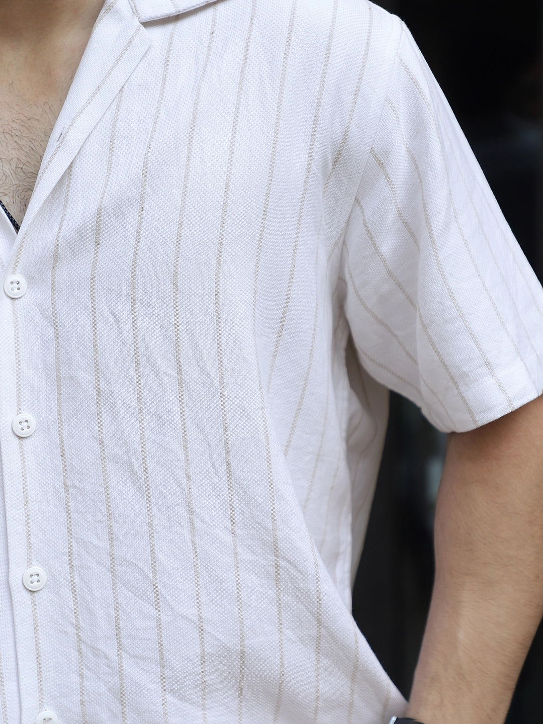 Linen White Half Sleeve Stripe Shirt
