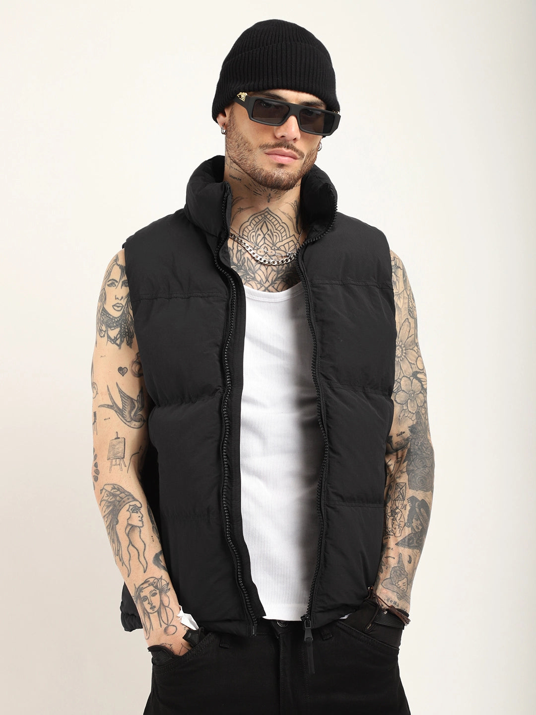 Quilted Gilet Cut Sleeves Black Puffer Jacket