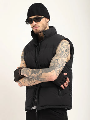 Quilted Gilet Cut Sleeves Black Puffer Jacket