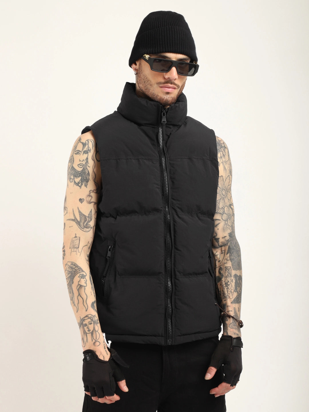 Quilted Gilet Cut Sleeves Black Puffer Jacket