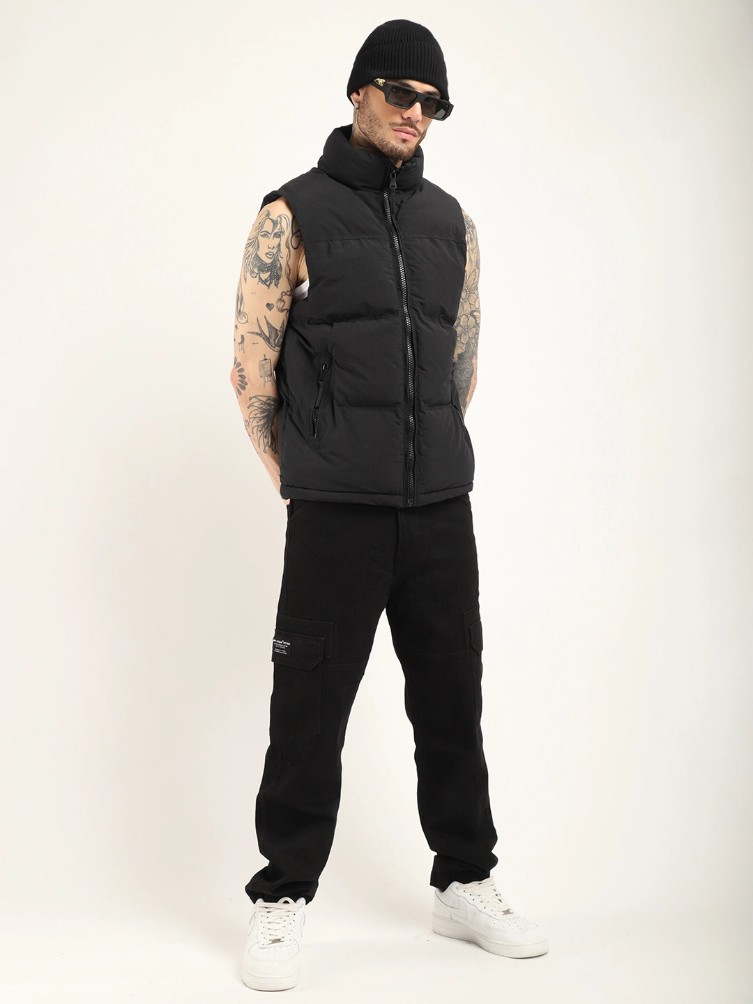 Quilted Gilet Cut Sleeves Black Puffer Jacket