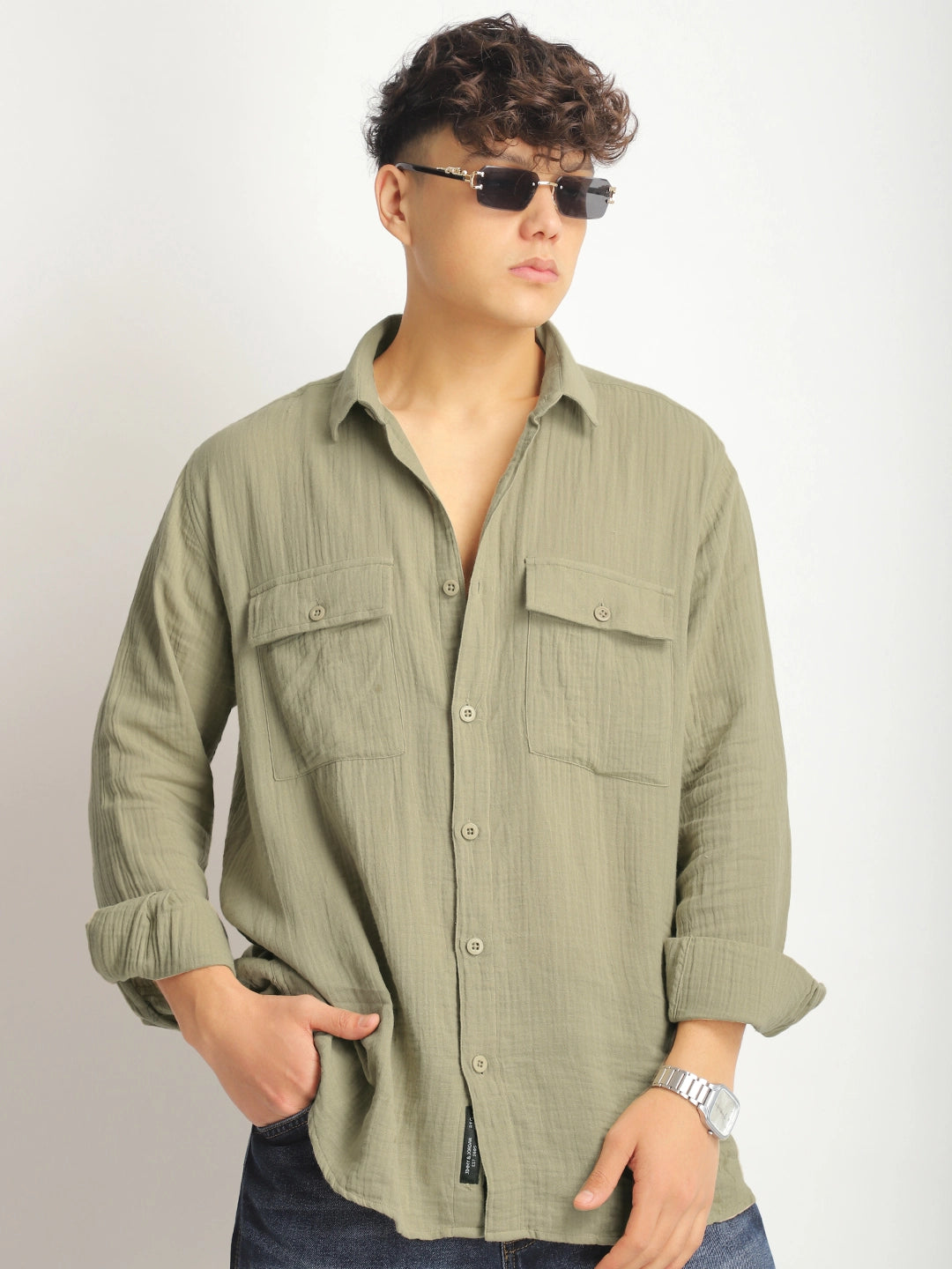 Eton Drift Double Clothe Khaki Full Sleeve Shirt